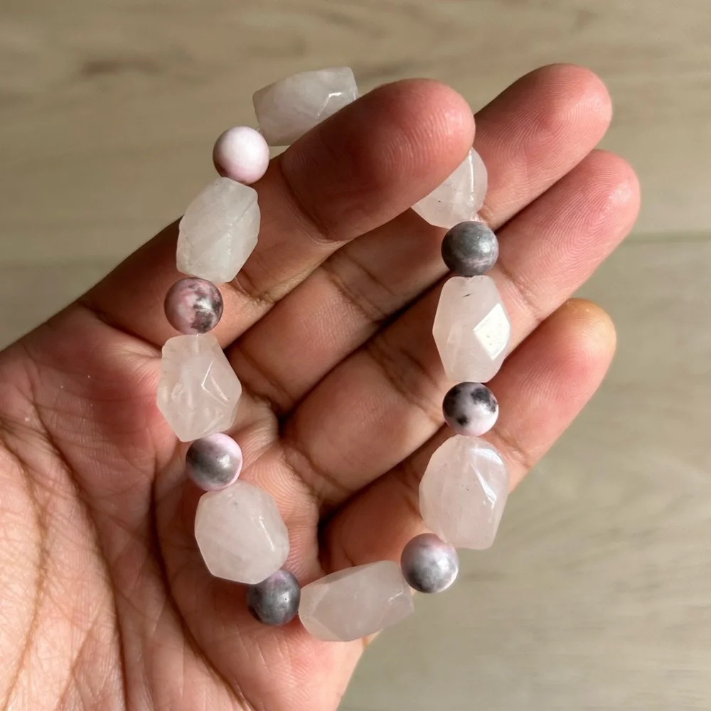 Handmade Faceted Rose Quartz and Rhodonite Beaded Stretch Bracelet, 6-6.5